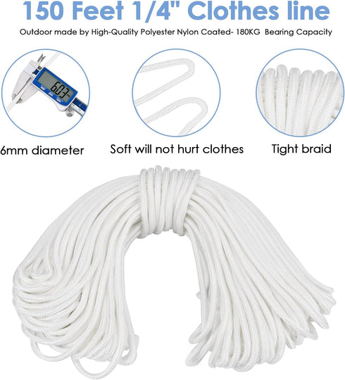 TooTaci Outdoor Clothesline Kit, 5" Nylon Clothes Line Pulley Kit, 150ft Clothesline Pulley Kit, Polyester Clothesline Rope Heavy Duty, Clotheslines S Separator Spreader, Clothesline Tightener, Hook